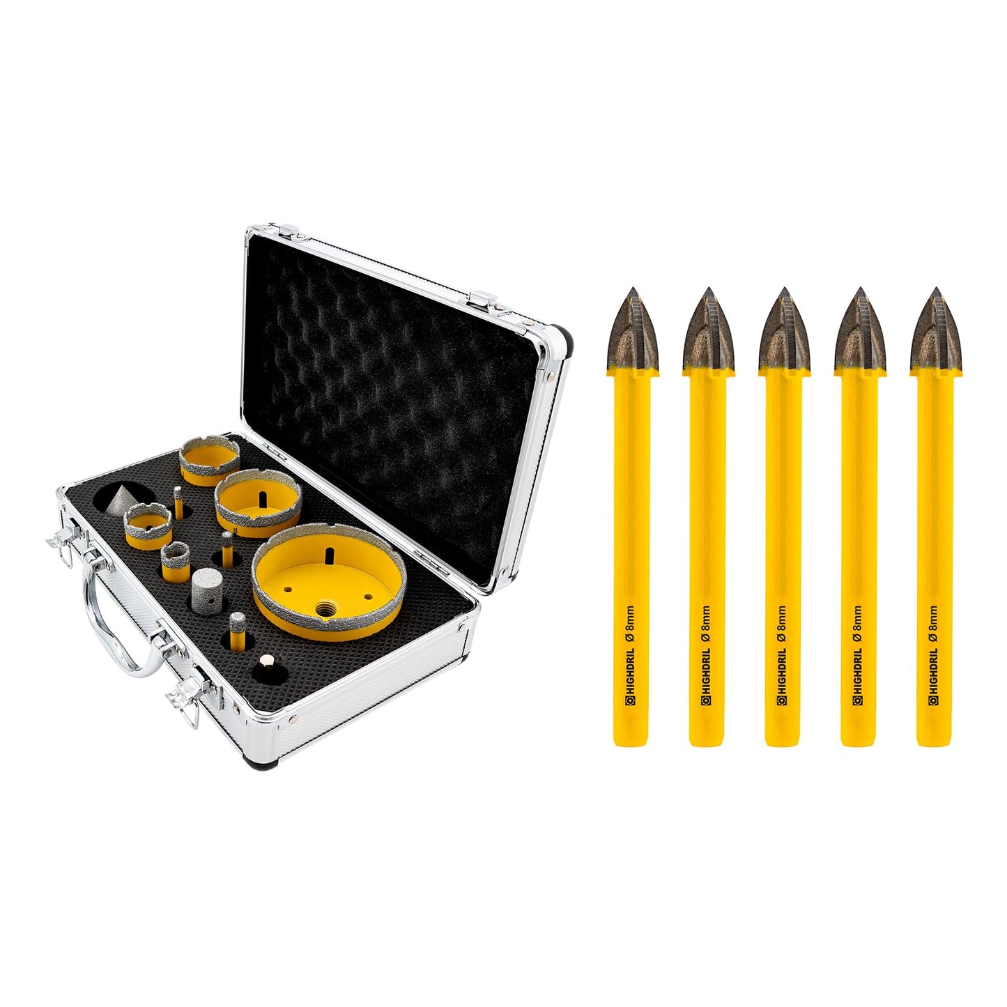 HIGHDRIL Diamond Drill Bits Kit with 5/8-11 for Porcelain Tile Ceramic Marble Brick Concrete Vacuum Brazed Hole Saw(6/8/10/20/35/50/65/100mm+50mm Chamfer Bit+20mm Finger Bit+Adapter)