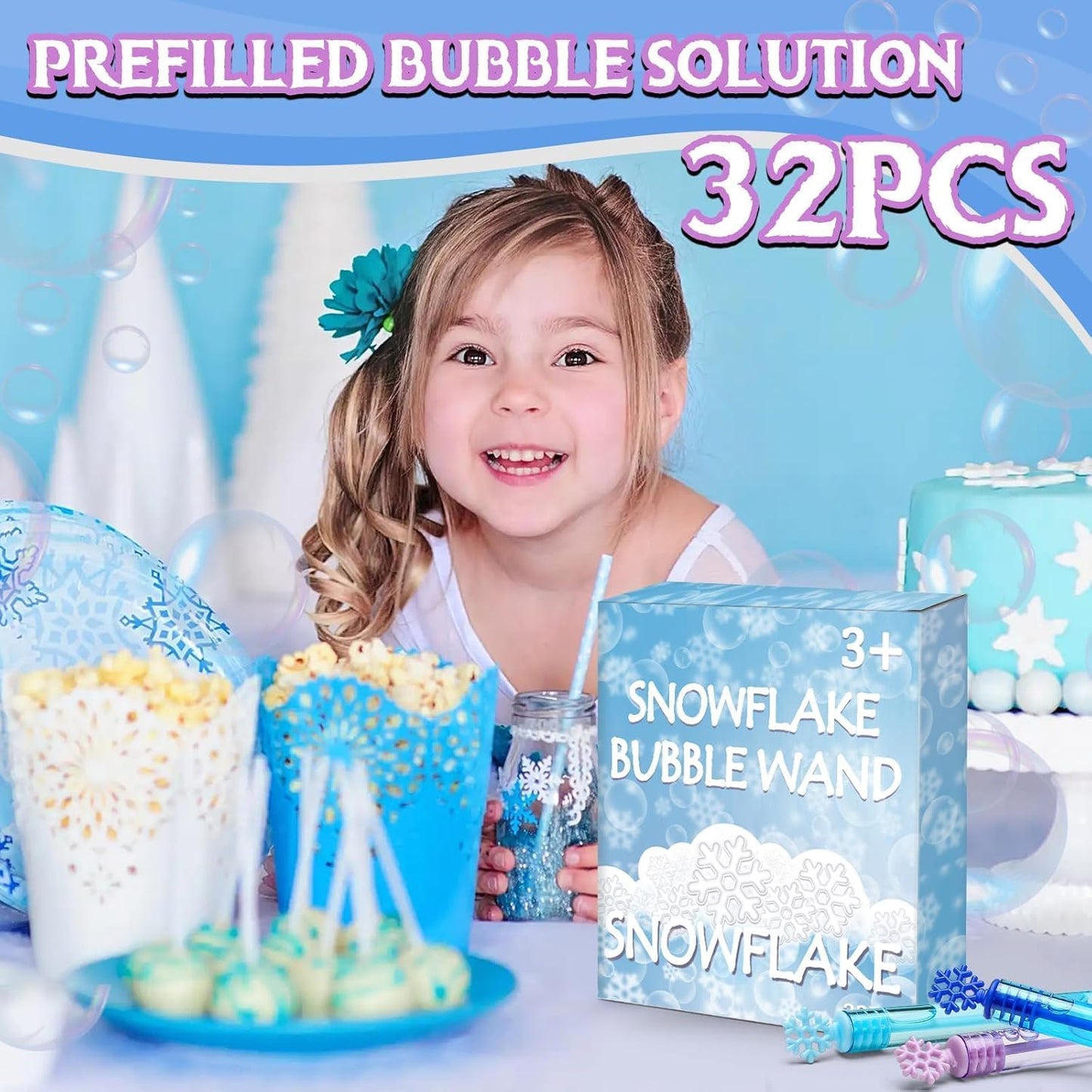 Skiennix 32 Pcs Snowflake Bubble Wands - Colorful Mini Party Favors for Kids | Winter-Themed Fun