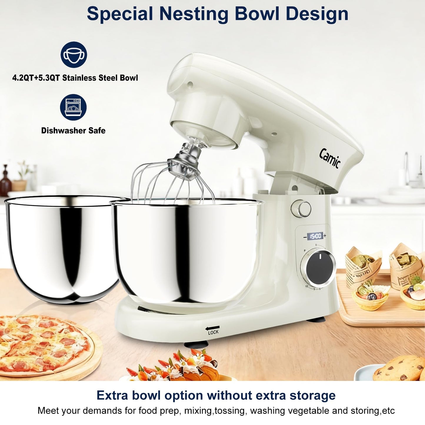 Camic Stand Mixer, 4.2QT+5.3QT Two bowls Electric Food Mixer, 10 Speeds with Digital setting 3-IN-1 Kitchen Mixer for Baking Cakes Cookie Bread Salad with Egg Whisk,Dough Hook,Flat Beater (White)