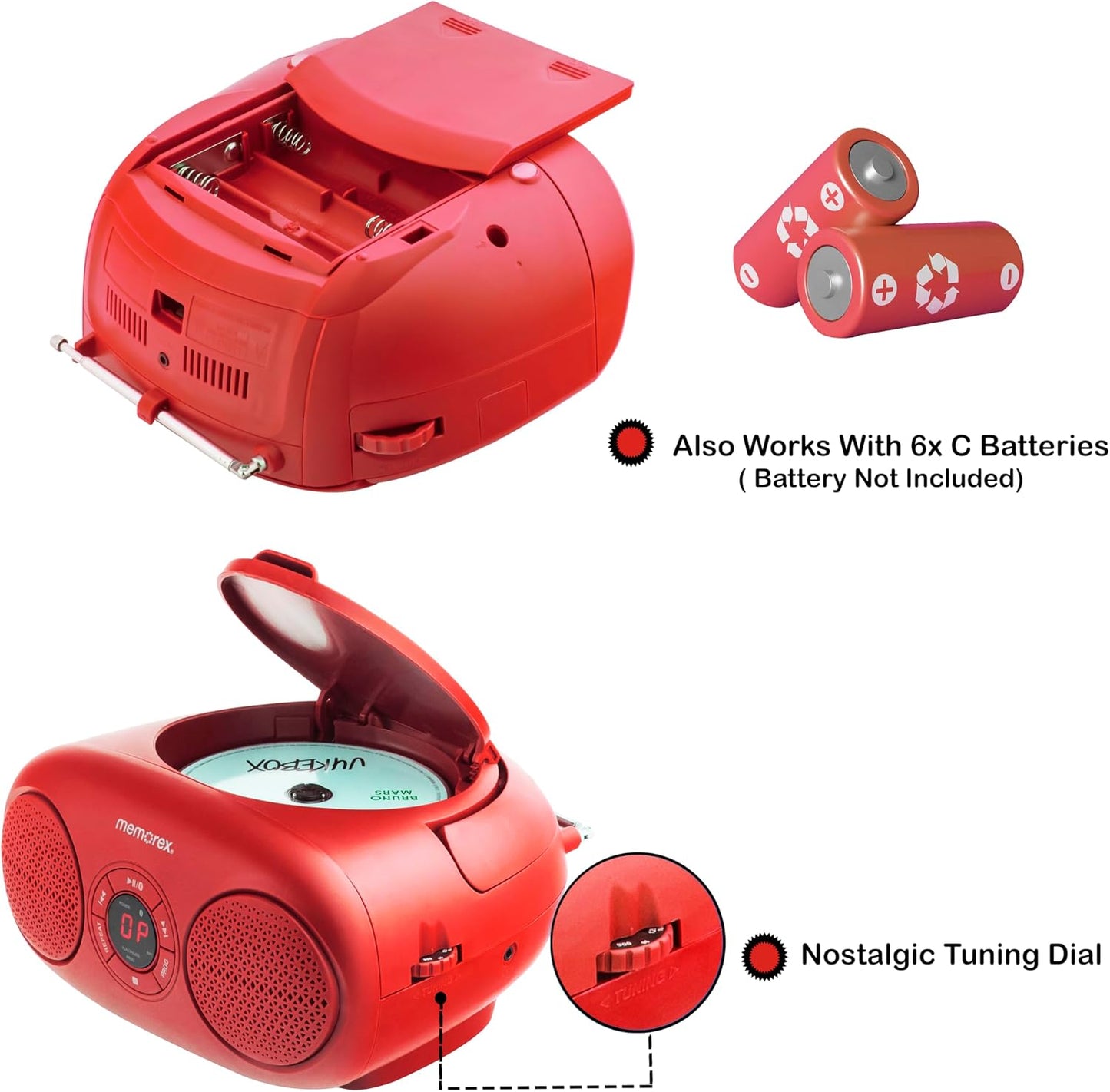 Memorex Programmable AM/FM Top Loading CD Player | Portable Stereo with Memory | Auxiliary Input and LED Display (Red)