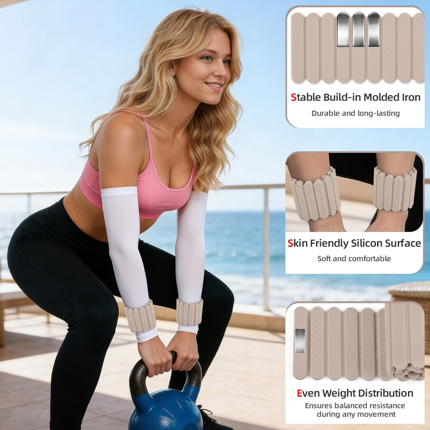 Abahub Wearable Wrist & Ankle Weights Set of 2, Stackable Magnetic Weighted Bracelet for Women, Waterproof Silicone Arm Leg Weights for Home Gym Workout, Walking, Yoga & Pilates - Beige, 2.2LB