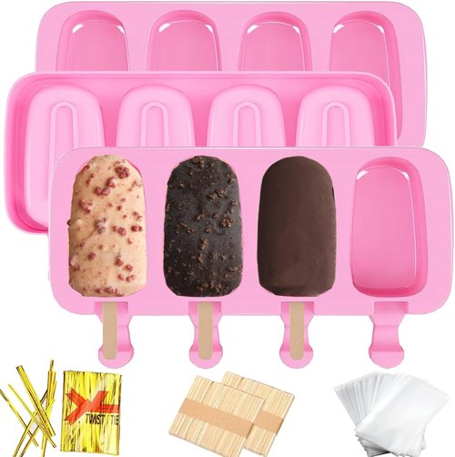 BZIDII Silicone Popsicle Molds Set - 3 Large Oval Ice Cream Bar Molds with 100 Sticks & Bags | Pink
