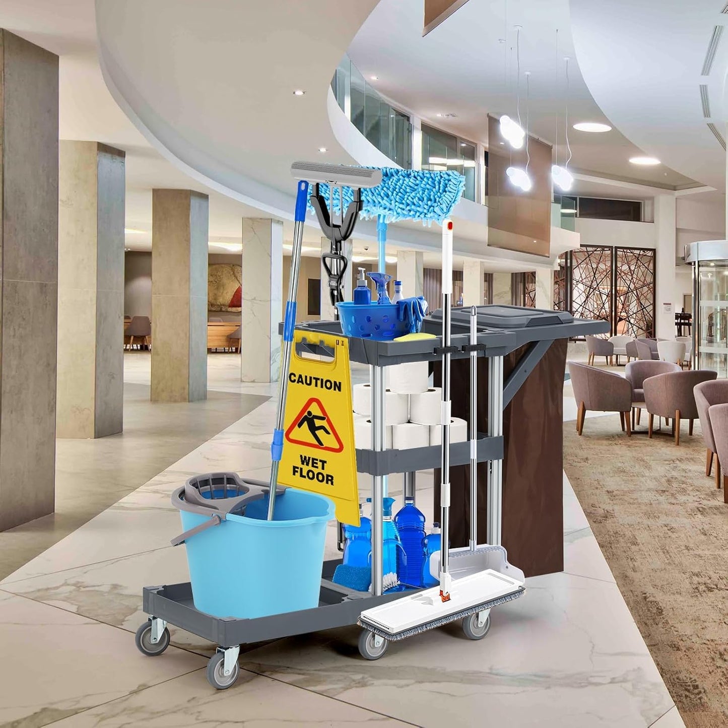 Commercial Traditional Janitorial 3-Shelf Cleaning Cart On Wheels with Cover and Vinyl Bag, Custodial Cart, Housekeeping Carts for Hotels, Stores, Schools, and Business