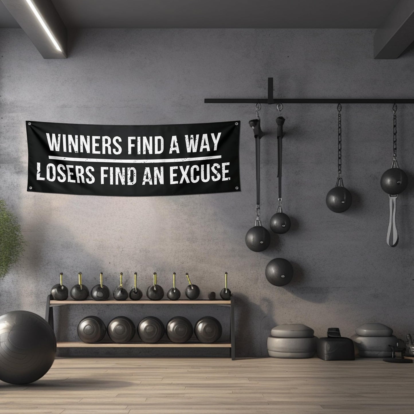 Motivational Banners Set - Gym and Office Wall Decor with 4 Grommets - Heavy-Duty 13oz Vinyl UV Print Indoor/Outdoor Posters - Losers Find An Excuse, Nobody Cares Work Harder (2 x 6 FT)