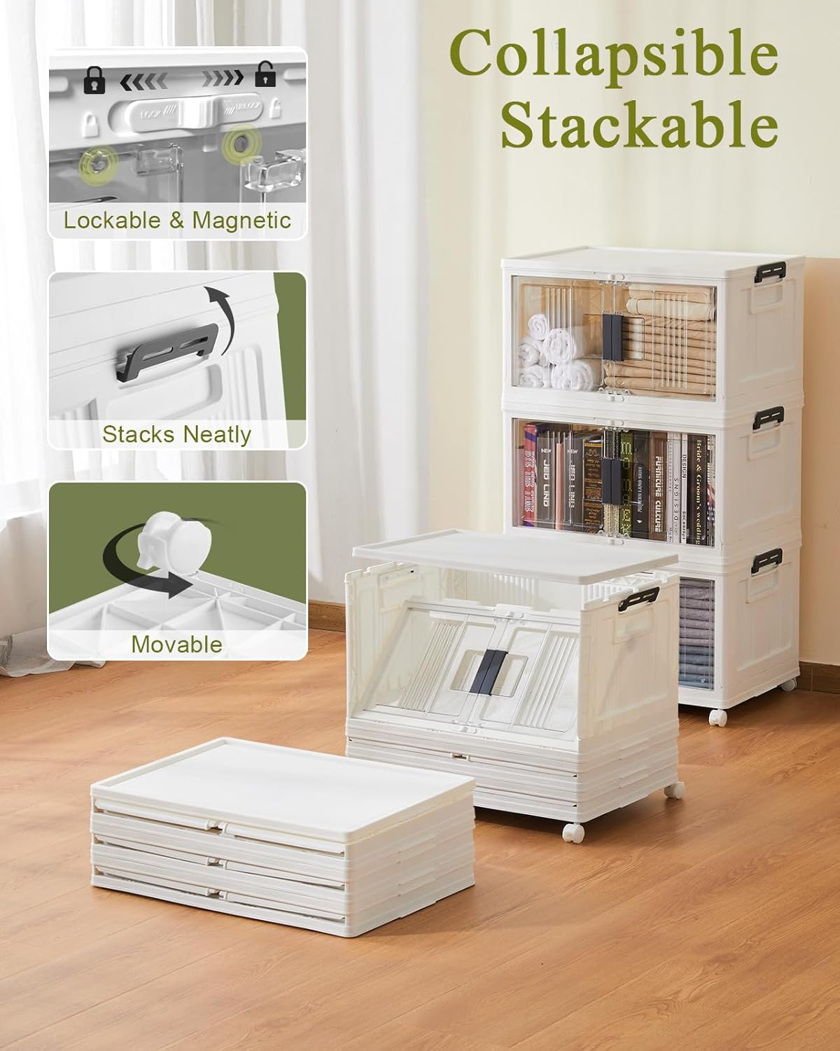 OlarHike 144QT Lockable Storage Bins - Collapsible Plastic Box with Lids, Stackable Organizer | 3 Pack