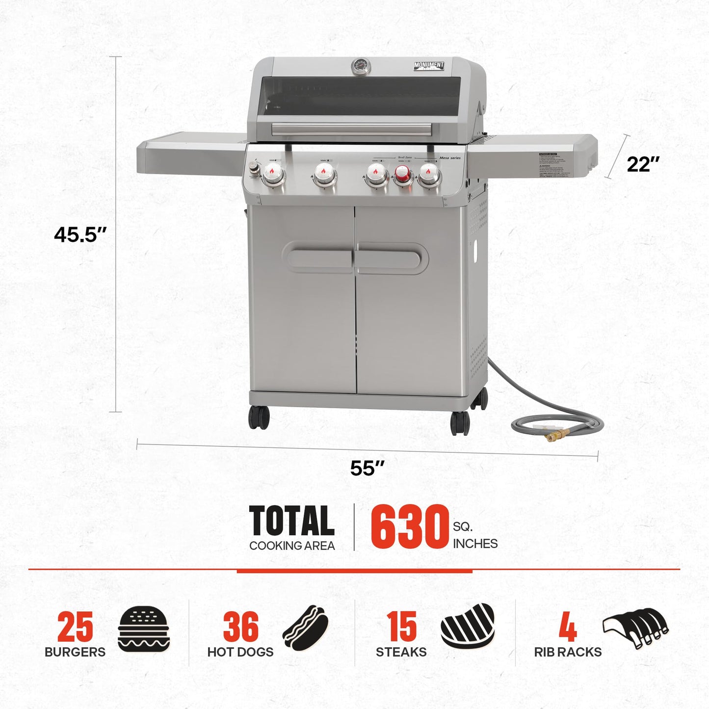 Monument Grills 4+1 Burner Natural Gas Grill with Natural Gas Hose, 50,000 BTU Stainless Steel Outdoor Patio Barbecue Grill, Broil Zone Fast Heating, Knob Lights, and Easy Cleanup, M415BZNG