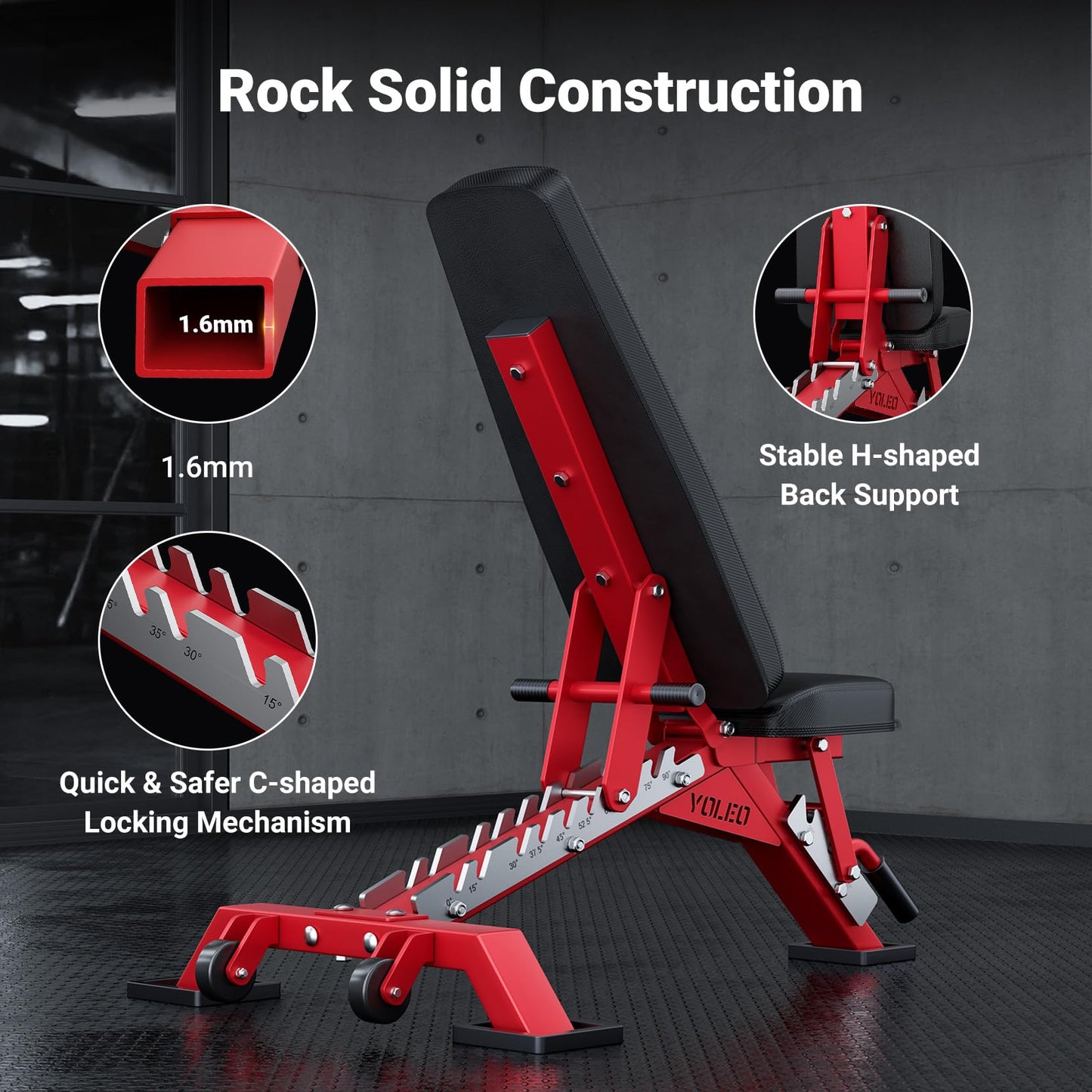 YOLEO Commercial Adjustable Weight Bench - Heavy Duty Workout Bench for Home Gym, Decline/Flat/Incline Bench Press 2.4" Thick Pad(6-Step Assembly) (80% Pre-assemble)