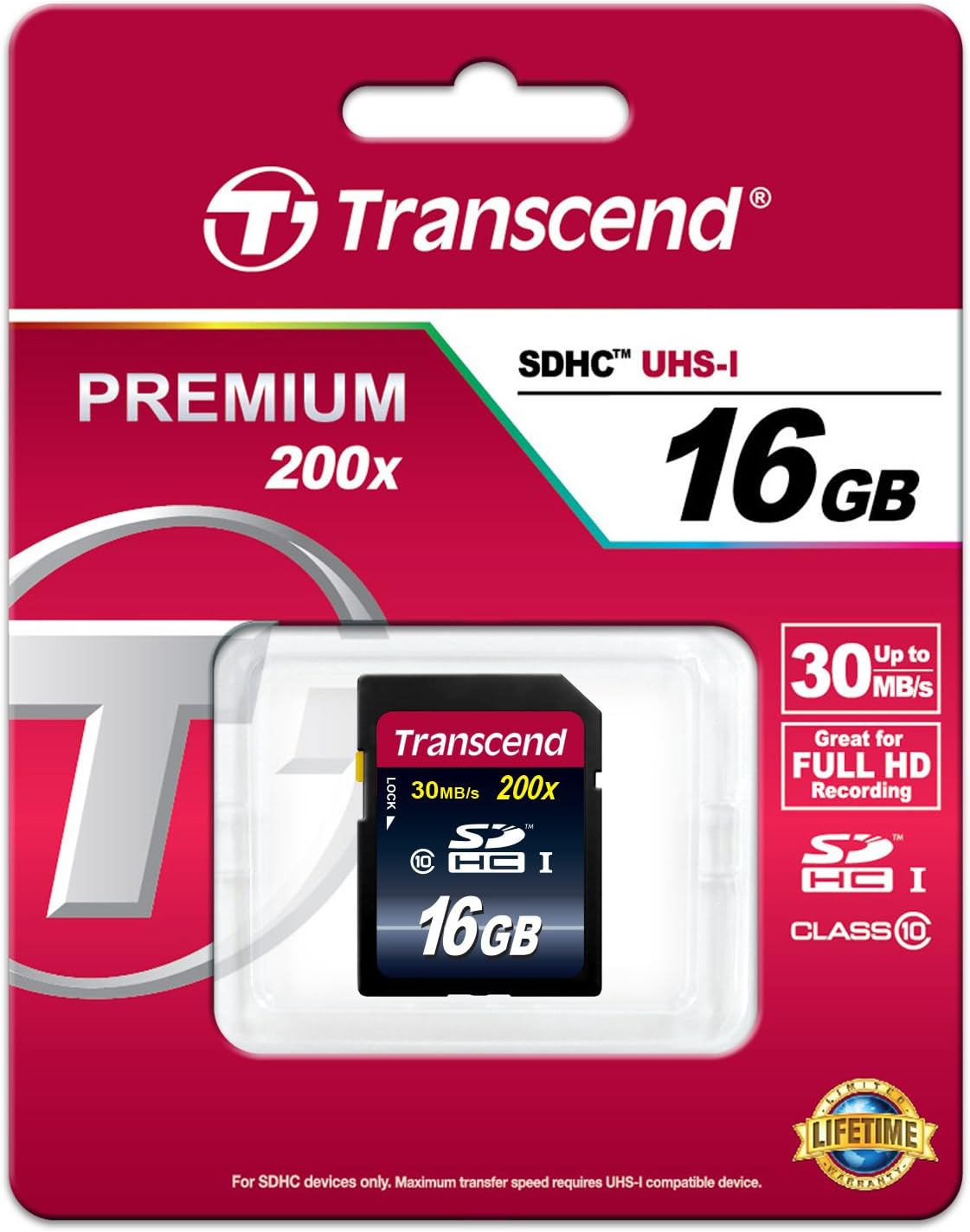 Transcend 16GB 10 30MB/S (TS16GSDHC10) SDHC Class Flash Memory Card Up