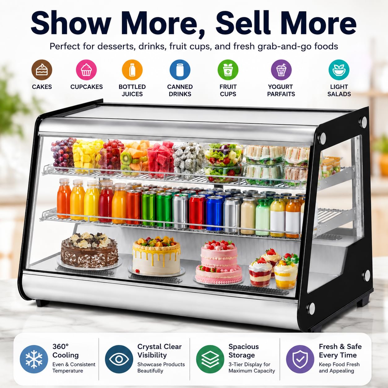 8.1 Cu.Ft Commercial Glass Door Refrigerator | Countertop Display Fridge with LED Lighting for Bakeries, Cafes, Convenience Stores | Energy Efficient, Adjustable Shelves, Auto-Closing Door