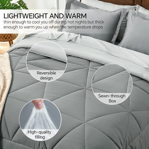 BEDELITE Queen Comforter Set - 7-Piece Soft Microfiber Reversible Grey Bedding Set for Year-Round Comfort