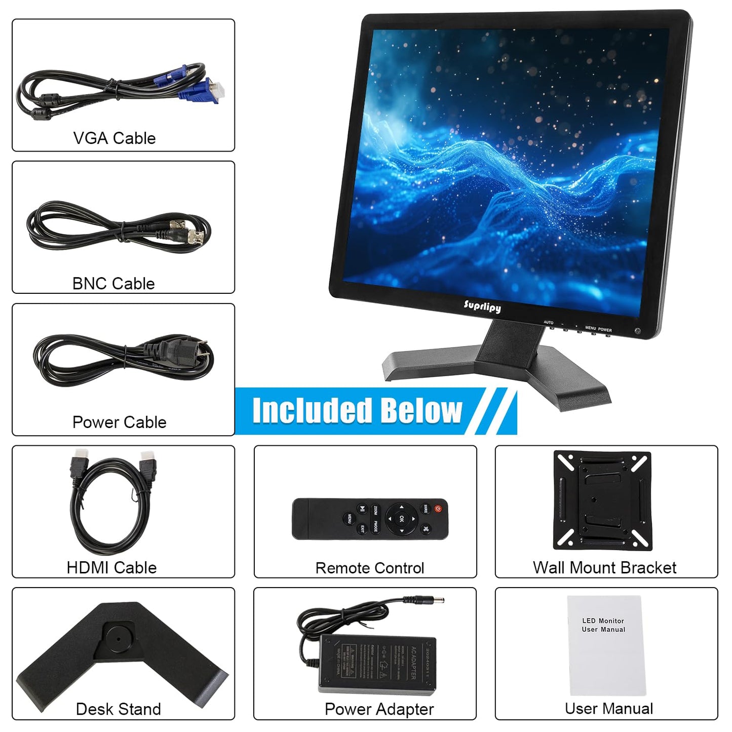 Suprlipy 17 Inch TFT LCD Security CCTV Monitor 1280x1024 4:3 Resolution Color Display Screen with HDMI/VGA/AV/BNC/MIC USB Earphone Input Built-in Dual Speakers for Home Security Monitor Gaming