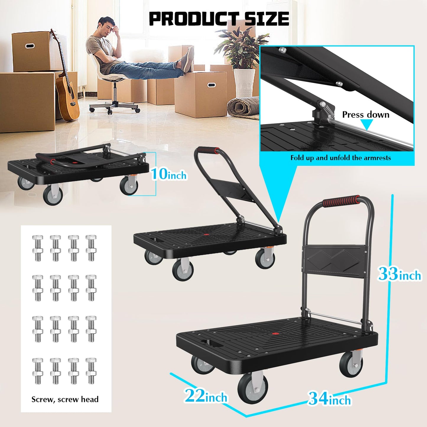 Platform Truck, Foldable Handcart with Swivel Wheel 34"x22" Heavy-Duty Push Dolly Cart,1000lbs Capacity, 6 Steel Load-Bearing Beams for Warehouse Garage Home Use