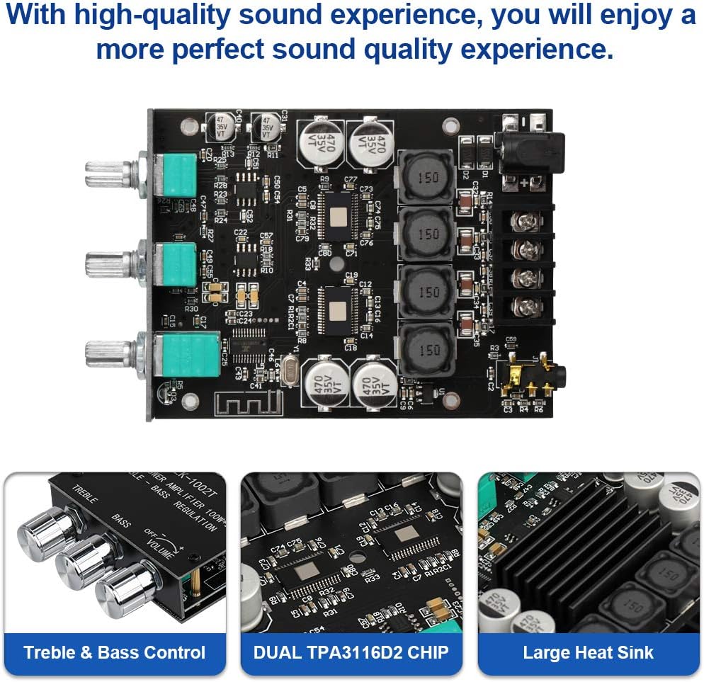 ZK-1002T 2.0CH 100W*2 9-24V Bluetooth Amplifier Board Mini Audio AMP with Treble and Bass Control, BT and AUX Inputs