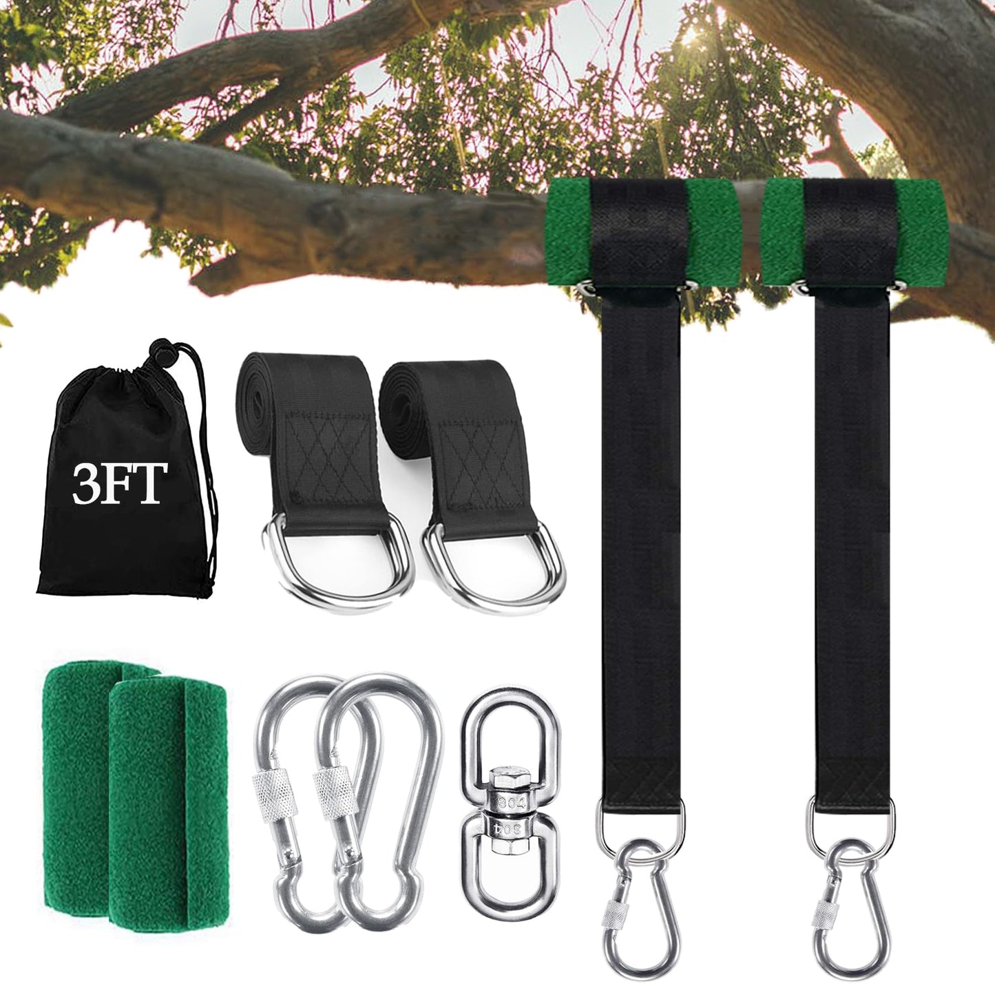 Werfeito Tree Swing Straps Hanging Kit (Set of 2), 3FT/8FT/10FT/20FT/30FT Tree Swing Straps Holds 2500 lbs with Tree Protector, Safety Lock Carabiner and Swivel Perfect for Swings & Hammocks(3 FT)
