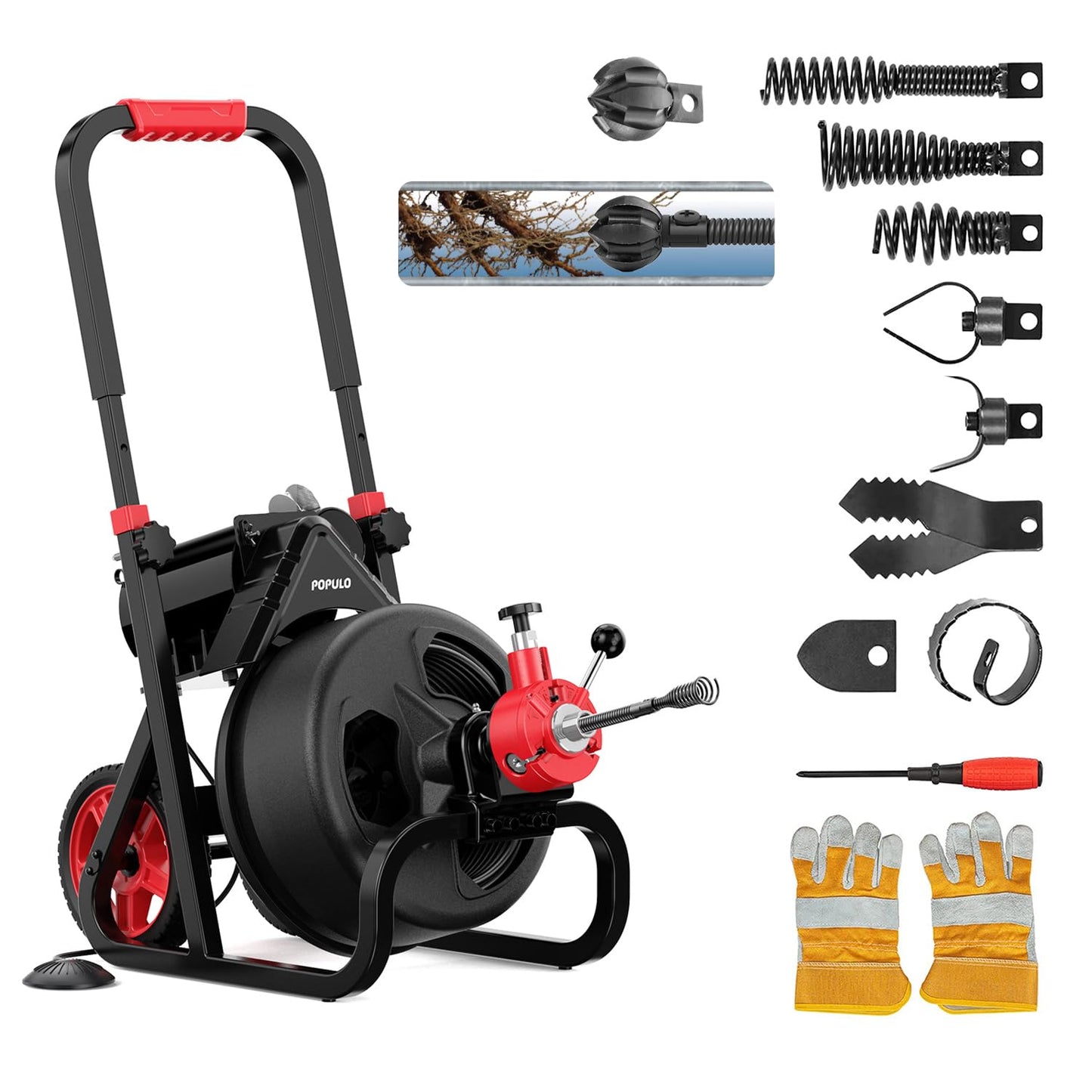 POPULO Auto Feed 50FT Electric Drain Snake with Mobile 8-Inch Wheel and 580W Power,1/2-Inch Drain Snake for 2”-4" Sewer Pipes, 50FT Drain Auger Includes 8 Attachments Heads and Glove