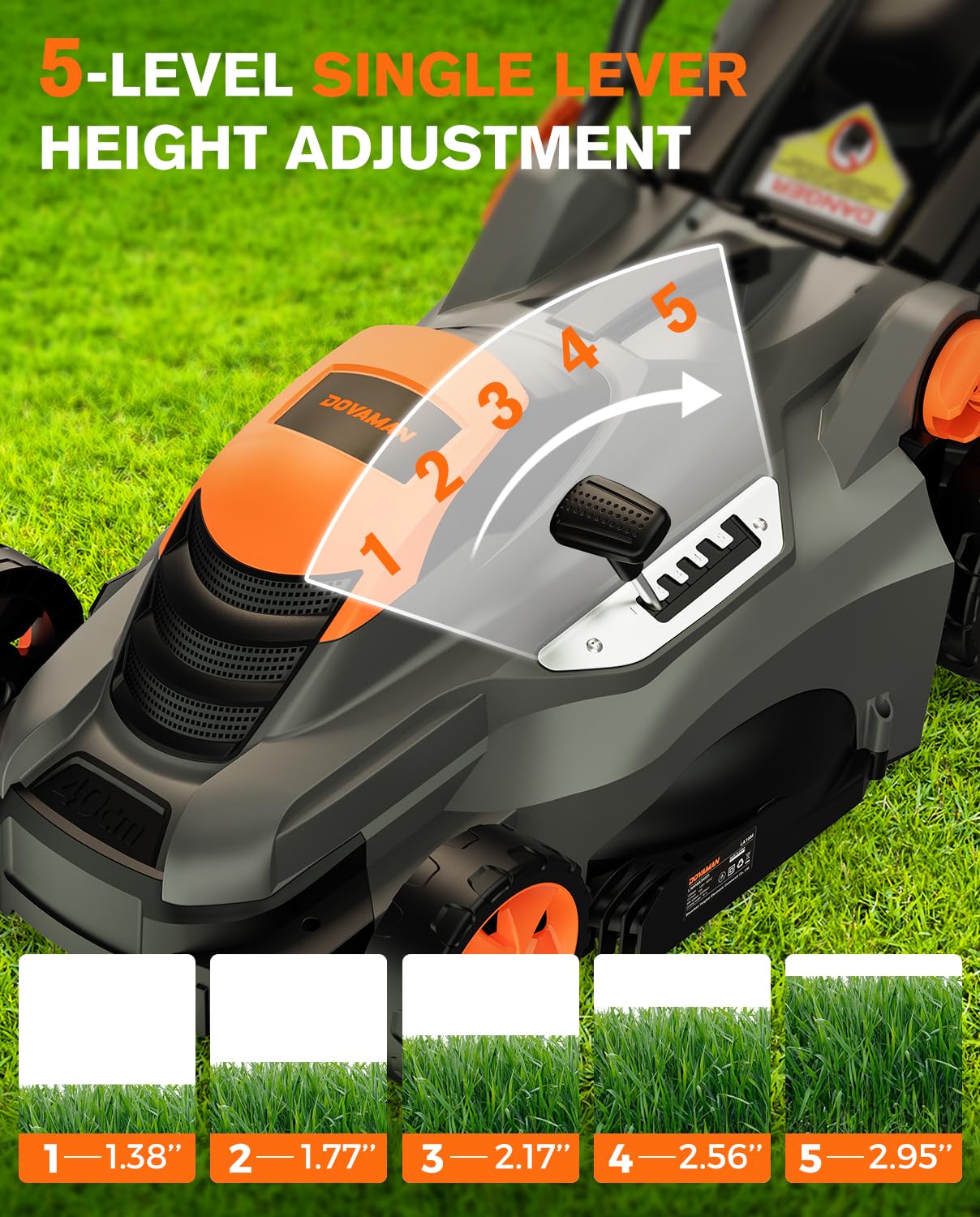 DOVAMAN 13Amp 16" Lawn Mower, 98% Collection, 13.2-Gallon Bag, 5-Position Height Adjustment, 3-Step Quick Vertical Fold Storage, 2-in-1 Mulching & Bagging, Corded Lawn Mower for Your Garden