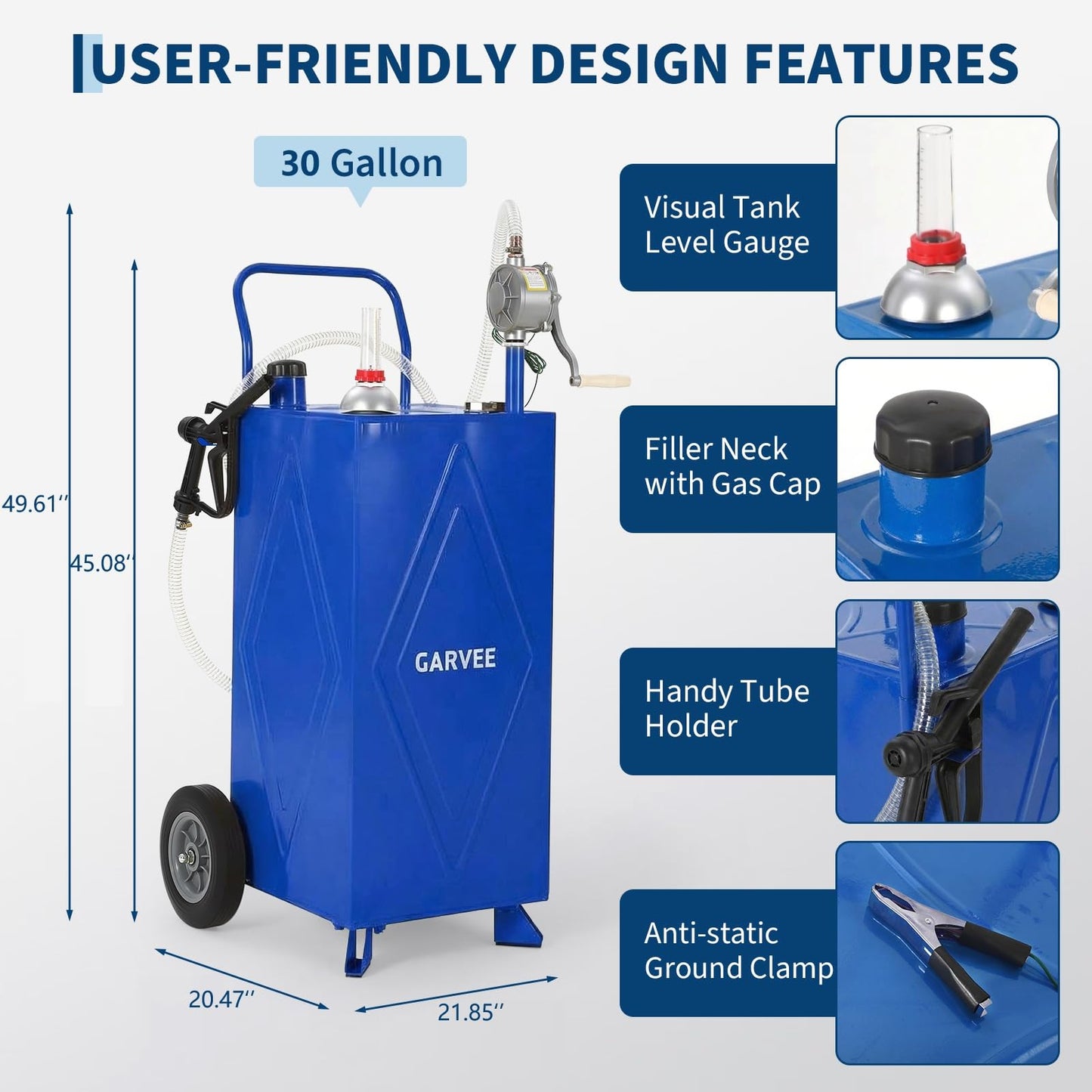 30 Gallon Fuel Gas Caddy Storage Tank, Portable Gas Caddy with Wheels, Manual Rotary Transfer Pump, Fuel Hose, Wide Fill Opening, Vent and Level Gauge, Mobile Gasoline Diesel Transfer Tank for ATV, Mower, Tractor, Car, Boat