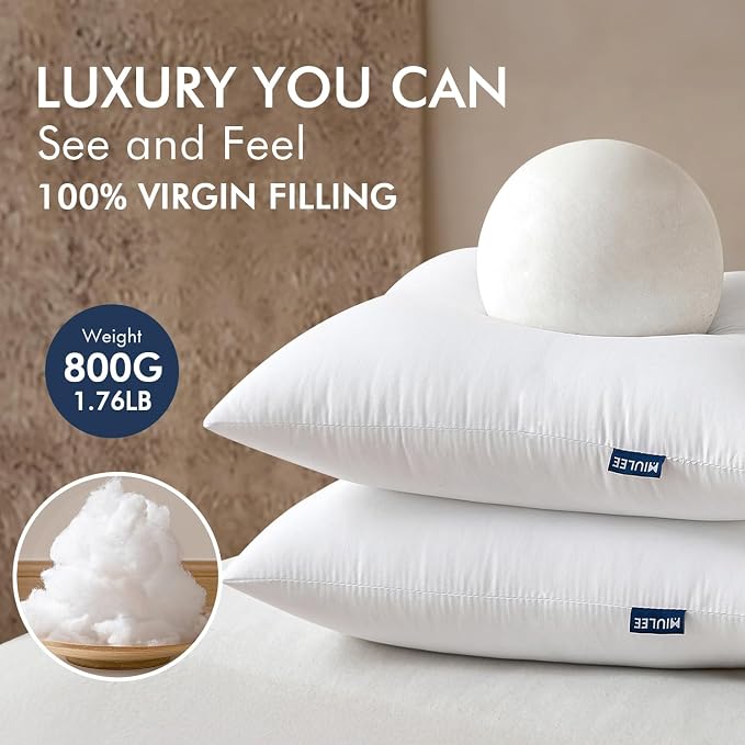 MIULEE Throw Pillows Inserts, Pack of 2 24x24 Inch 100% Virgin Fiber Filling Bed Couch Pillows