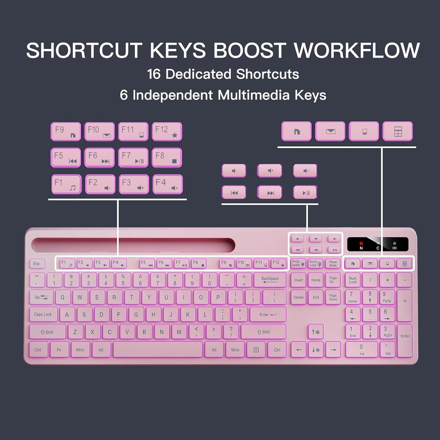 Soueto 7-Color 2.4G Wireless Keyboard with RGB Backlit, Full-Size Computer Keyboard with Phone Tablet Holder