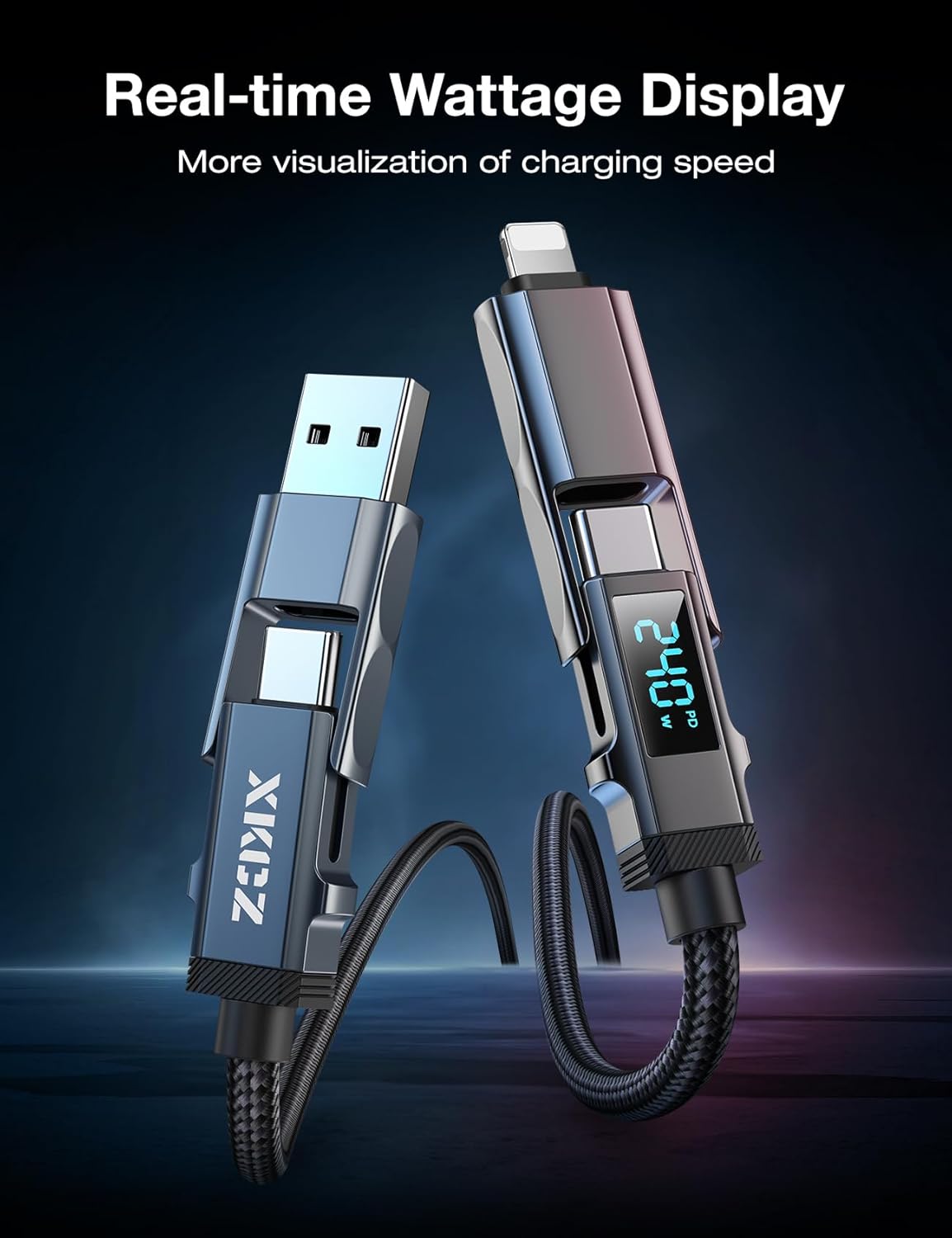 4 1 240W 5FT in USB C Cable with Wattage Display, Round Nylon Braided Multi Charging Cable with Data Sync, USB C