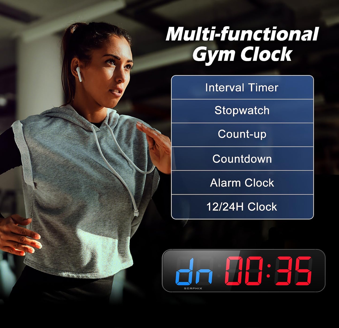 SERPHIX 15.2" Gym Timer, App & Remote Control, Customizable LED Colors, Workout Interval Timer Stopwatch Countdown Large Digital Wall Clock for Home Gym