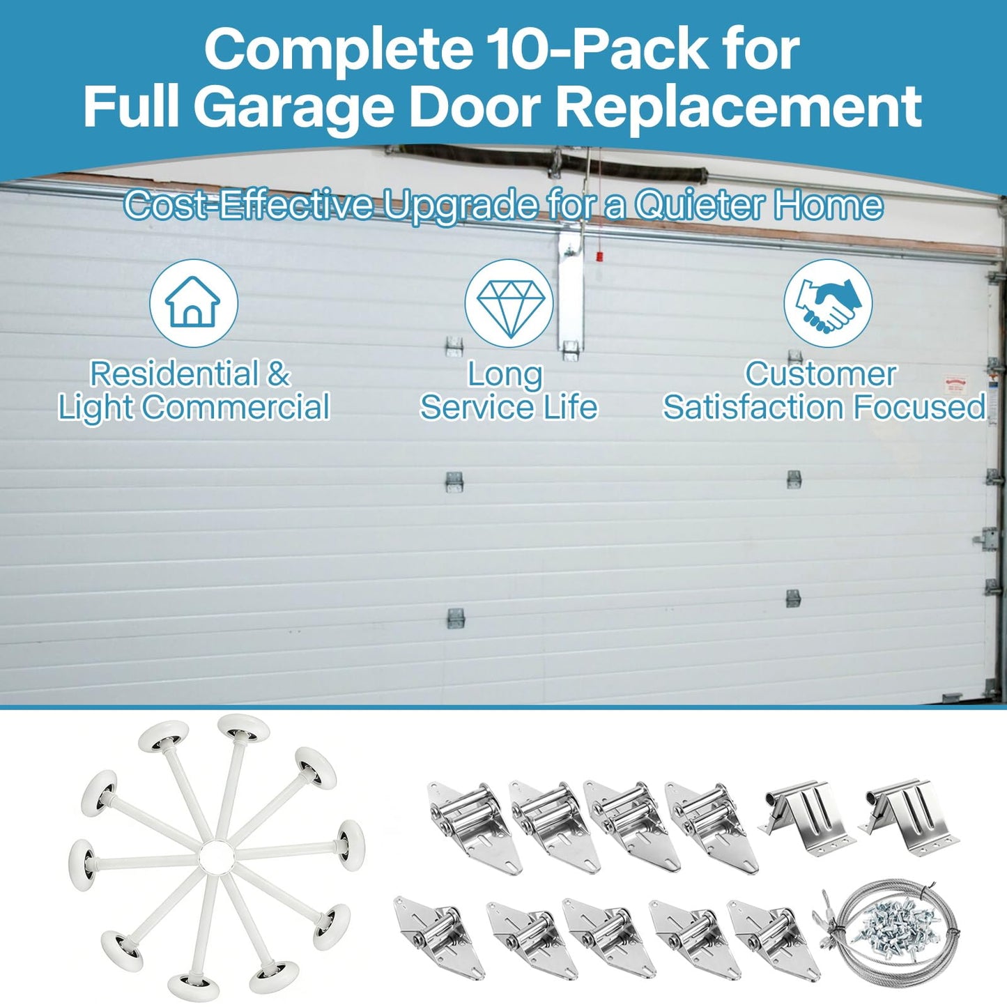 LIMICAR Nylon Garage Door Rollers 10 Pack with Hardware Kit – White 2" Quiet Wheels 4" Stem, 6200-2RS Dual Sealed Bearings, Hinges Brackets Wire Rope, Fits Standard 2" Track