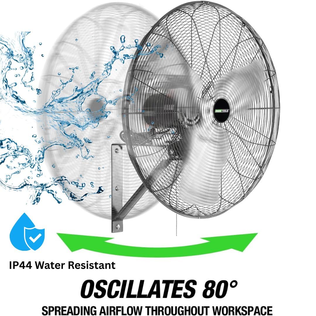 OEMTOOLS 30" Outdoor Wall Mount Fan, 80° Oscillating Fan 7200 CFM Max, Water Resistant, Use in Garage, Gym, Warehouse, Factory and Jobsite