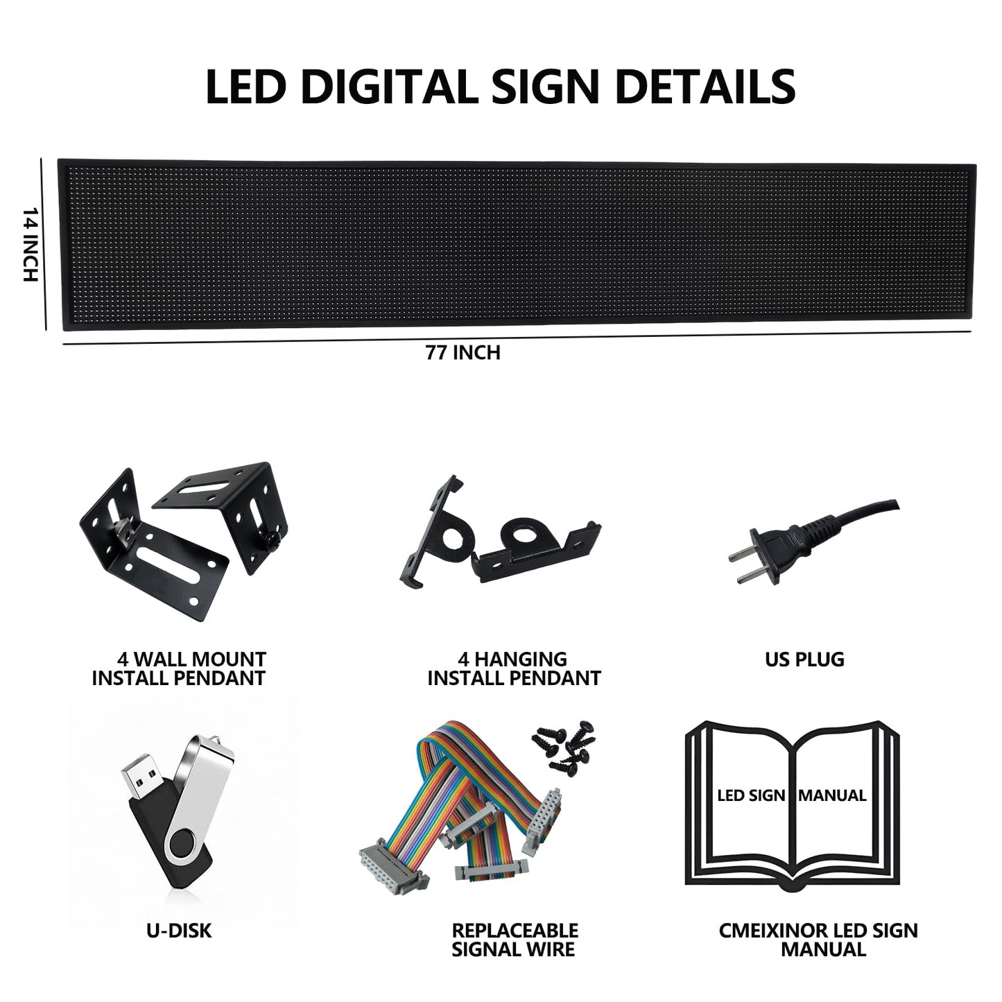 Outdoor P10 LED Scrolling Programmable Sign 77"x14", Bright High Visibility Digital Led Signage Displays, Message Signs for Business, Restaurant, Window Shop
