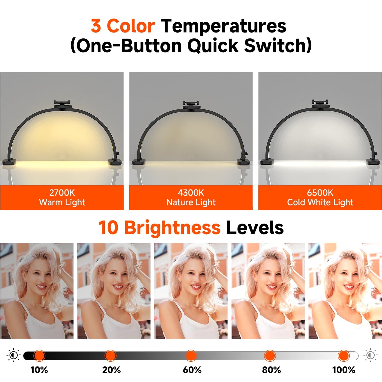Welinspift 45W Half Moon LED Arch Lamp with Phone Holder, Dimmable 3000K-6500K, Black, Model ML-800A
