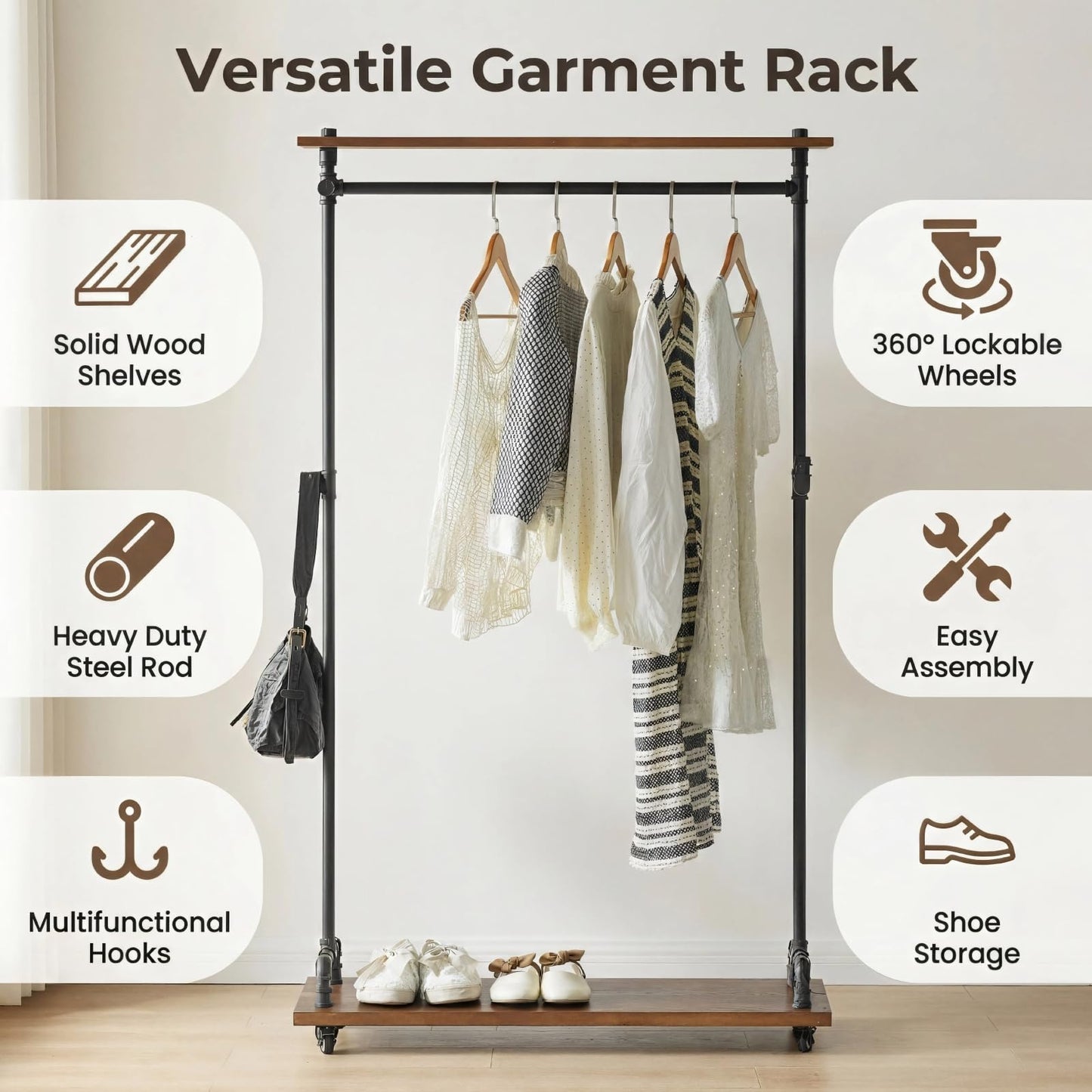 DOFURNILIM Industrial Pipe Clothing Racks, Rolling Garment Racks, Hall Tree on Lockable Wheels with Shelves and Shoes Storage, Heavy Duty Clothes Rack (Free Standing)