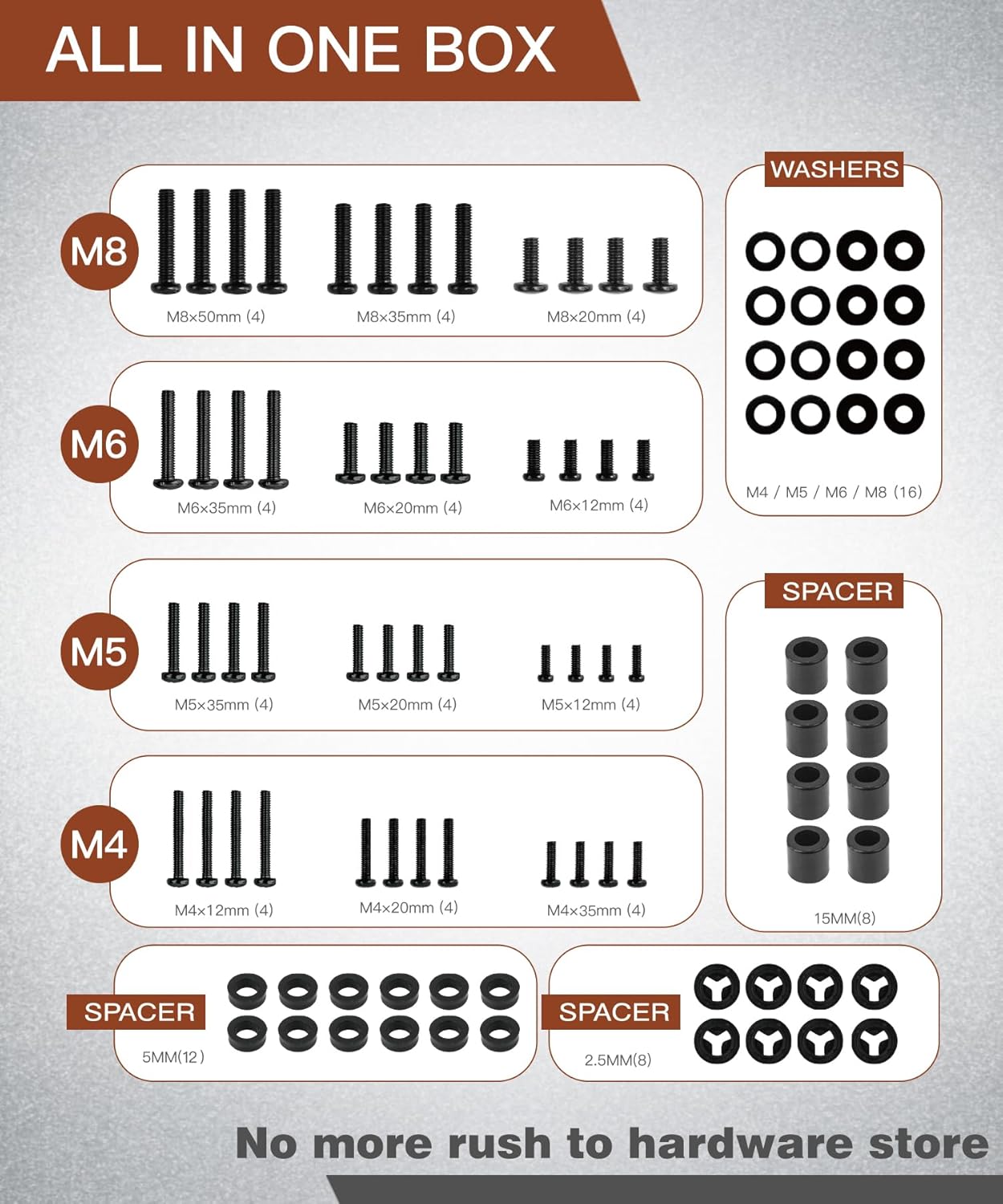 Solid As Mountain 92PCS Set M4 M5 M6 M8 80", Universal TV Mounting Hardware Screw Kit - Screws, Spacers and Washers