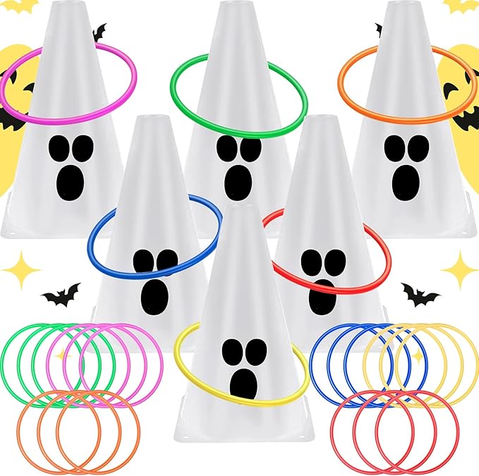 24 PcsHalloween Ring Toss Game Outdoor Carnival Party Games Include 6 Plastic Cones 18 Toss Rings for Halloween Party Games Indoor Outdoor Yard Activities