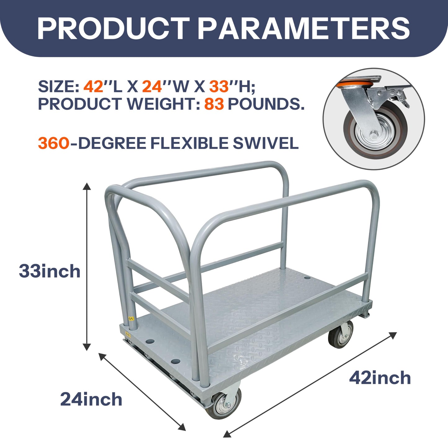 Svtneooy Heavy-Duty Panel Truck Cart - 42" x 24" x 33", 2000 LBS Capacity, 4-Wheel 2 in 1 Heavy-Duty Panel Trolley with 1 Front Handle and 2 Side Handles