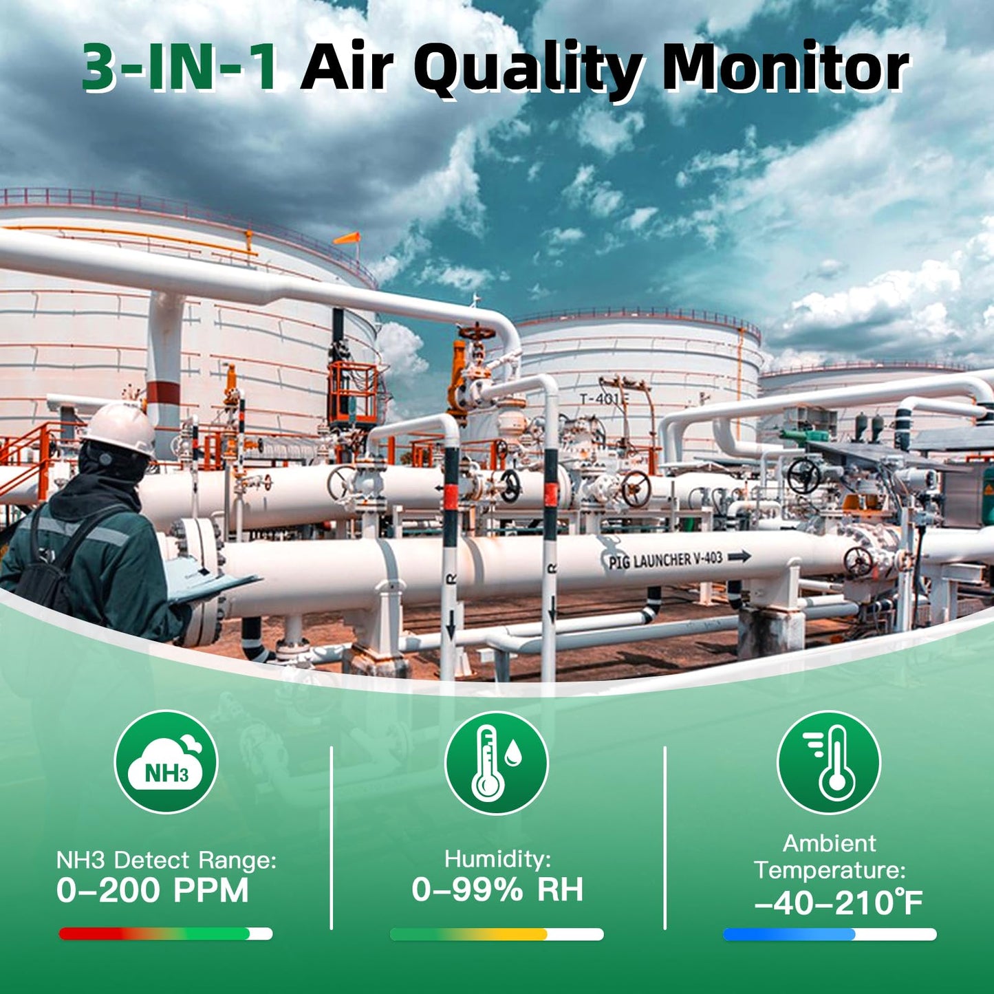 ZYKYCX Portable Ammonia Gas Detector, 0-200 PPM Rechargeable Ammonia Gas Monitor, Digital Air Quality NH3 Gas Meter with Temperature Humidity Tester for Farm, Poultry, Pig & Livestock