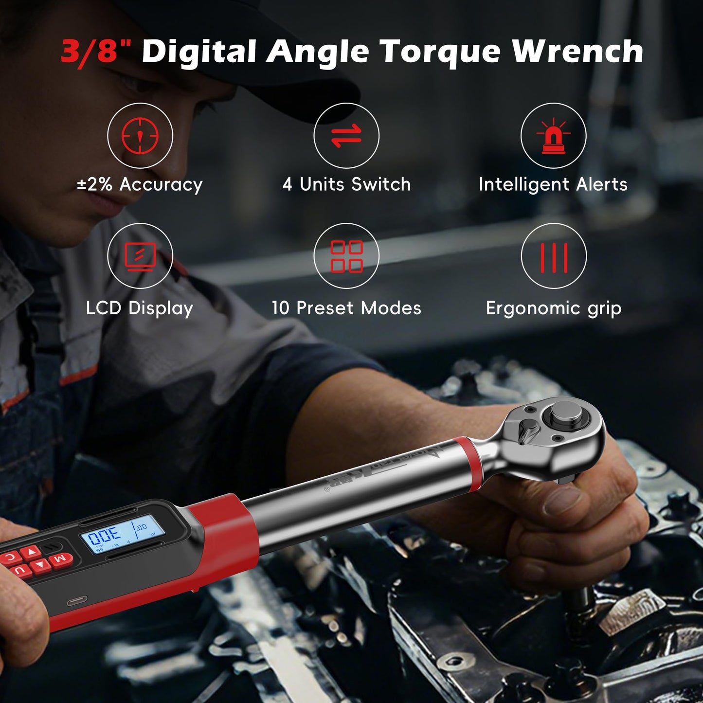 MOVECRAB 3/8" Drive Digital Angle Torque Wrench 2-44 Ft.lb (3-60 N.m), Angle Measurement 0.1° with LED Display & Buzzer, for DIY Auto Car Motorcycle Repair & Engineering