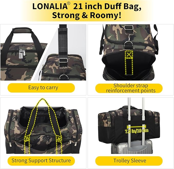 Gym Bag Sport Duffle Bag for Men - 21 in Weekender Travel Bag with Trolley Sleeve (Camo)