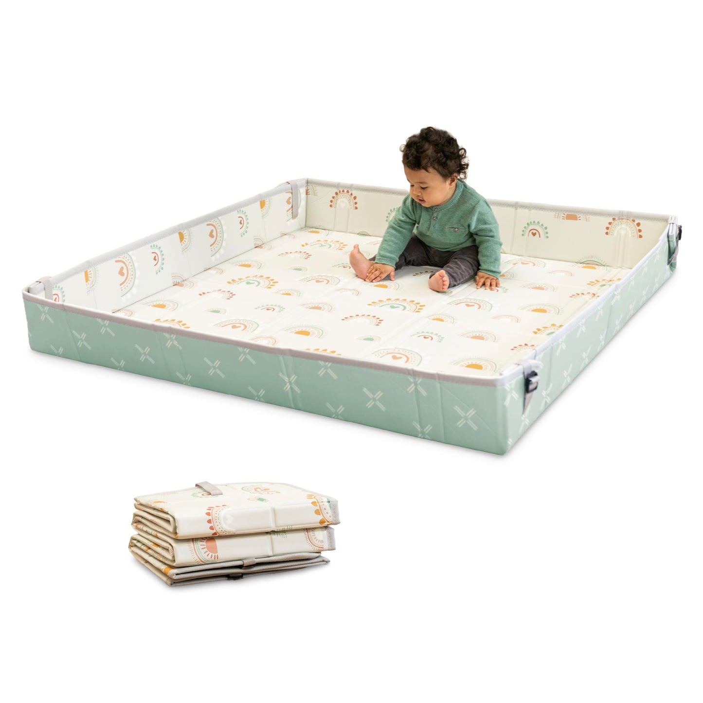 Infantino Foldable Soft Foam Play Mat, Reversible 57x57” Baby Mat for Floor Time, Lightweight, Portable & Easy to Store, Water Resistant, Wipeable, Rainbows