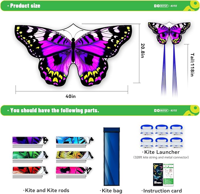 Butterflys for Kids, Beautiful Kite Easy to Fly for Beginners with 328 ft Line & Line Winder (1m-Tiger Spotted Butterfly-(6sets), 6)