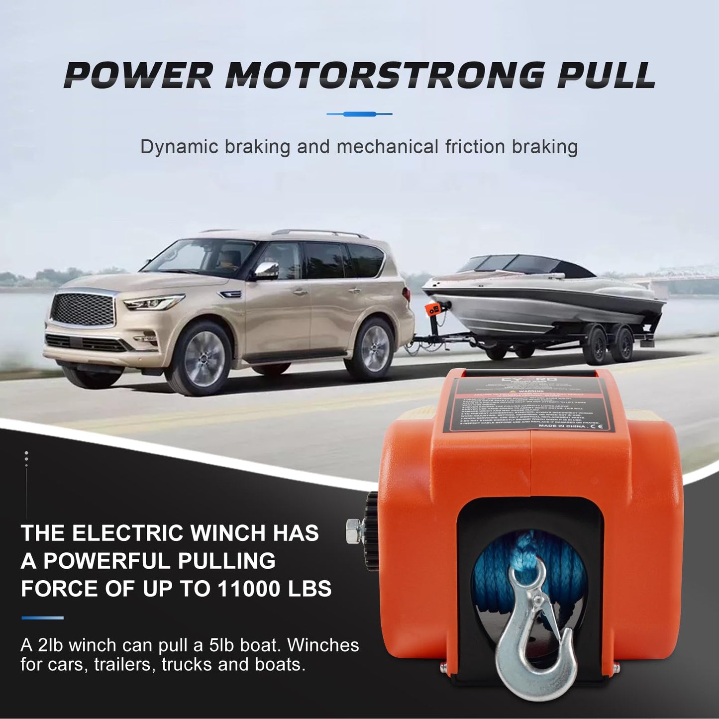Portable Trailer Winch 3500lbs, Reversible Electric Winch 12V DC, Power-in, Power-Out and for Boats Up To11000 lbs with Nylon Rope, Wireless Remote Control and Hand Crank