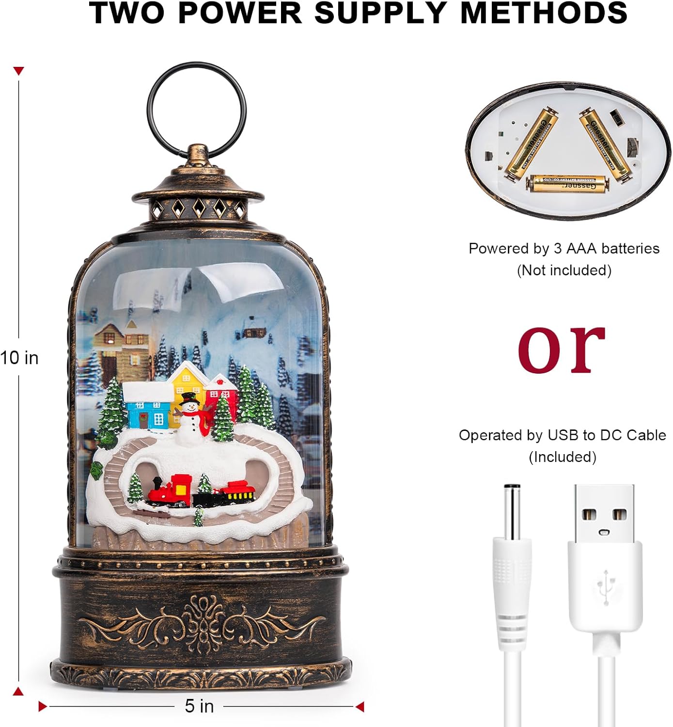 Skiennix Christmas Snow Globe Lantern - Glittering Snowman & Train with Music | USB & Battery Operated
