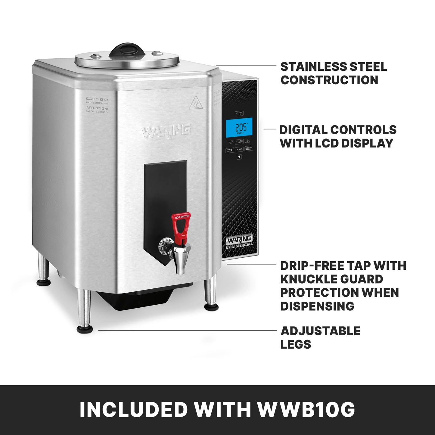 Waring Commercial Hot Water Dispenser, 10-Gallon Capacity, Digital LCD Controls, 150-205°F Temperature Range, Night Mode, for Restaurants & Catering Kitchens, 120V, WWB10G