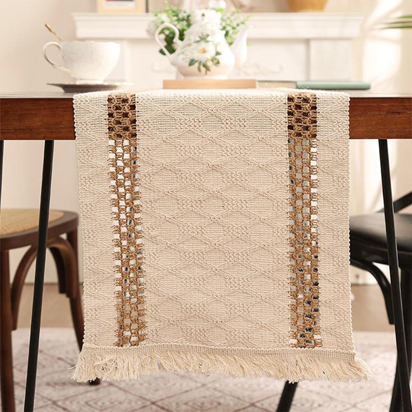 Niviy Boho Table Runner 90 Inches Long Summer Farmhouse Macrame Table Runner Cotton Linen Woven Table Runners for Fall Dining Table Home Baby Bridal Shower Decor , Beige & Brown