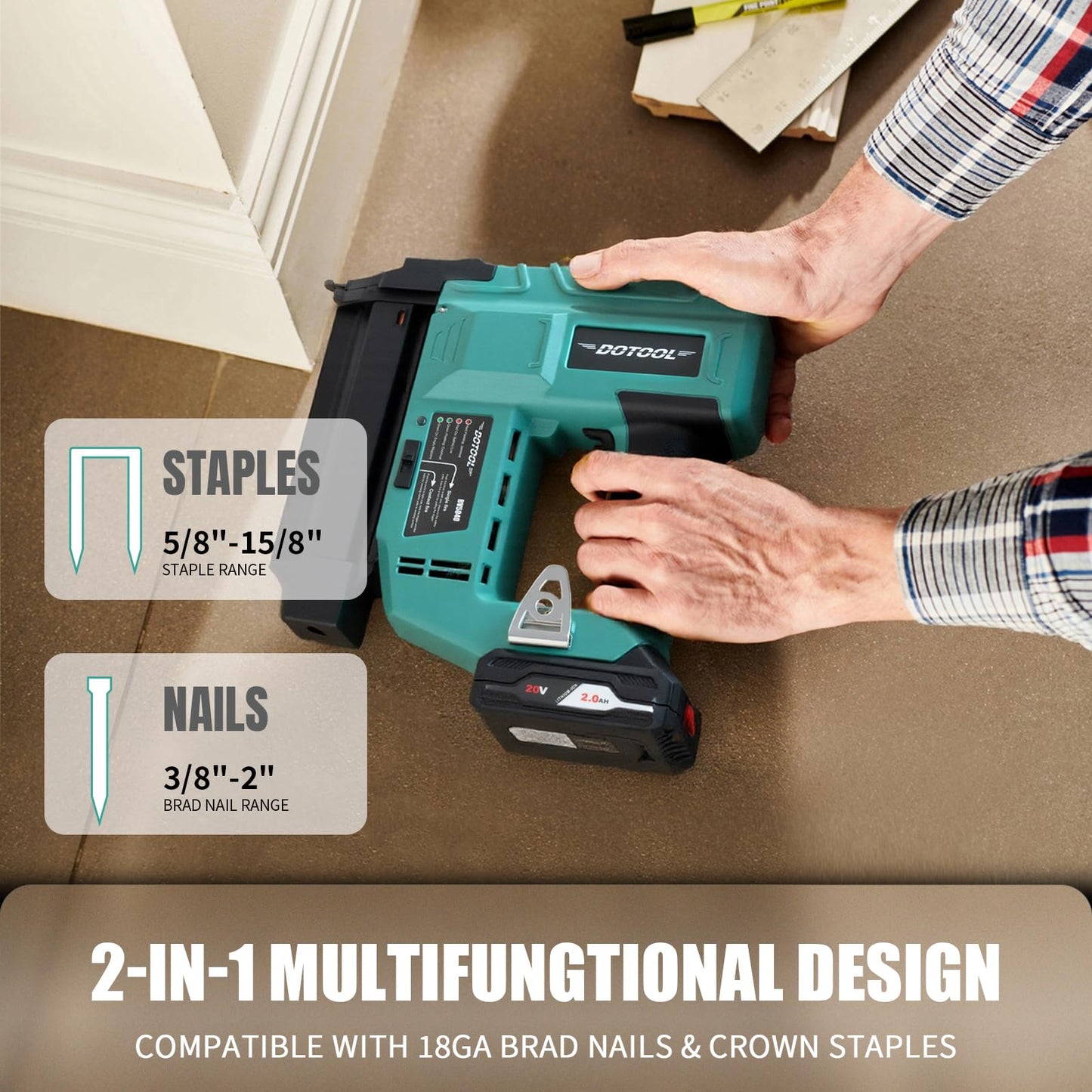 DOTOOL Cordless Nail Gun Battery Powered,2 in 1 Electric Nail Gun with 1000pcs 18 GA Nails, Brad Nailer with 20V 2.0A Batteries for Home Improvement & Woodworking