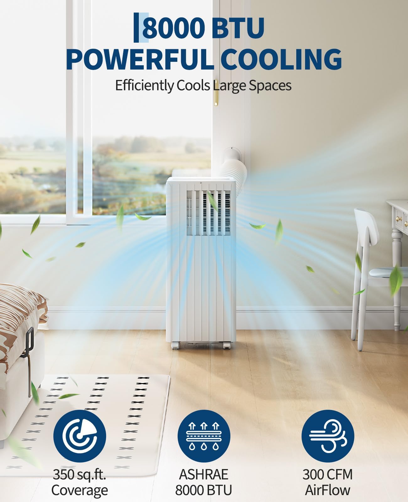 8000 BTU Portable Air Conditioner, 3-in-1 Cooling, Dehumidifying & Fan for Rooms Up to 350 Sq. Ft, Quiet Sleep Mode, Energy-Saving 24-Hr Timer, AC Unit with Remote & Full Window Kit, White