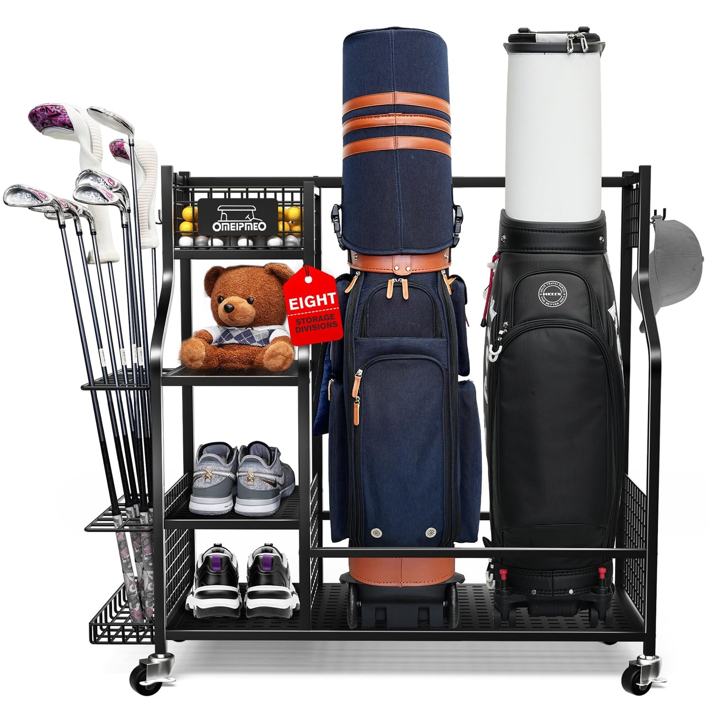 Golf Bag Storage Garage Organizer, Golf Bag Storage Stand and Other Golfing Equipment Accessories Rack, Golf Bag Storage Rack with Wheels, Golf Organizer for Home, Garage, Club, Shed, Basement