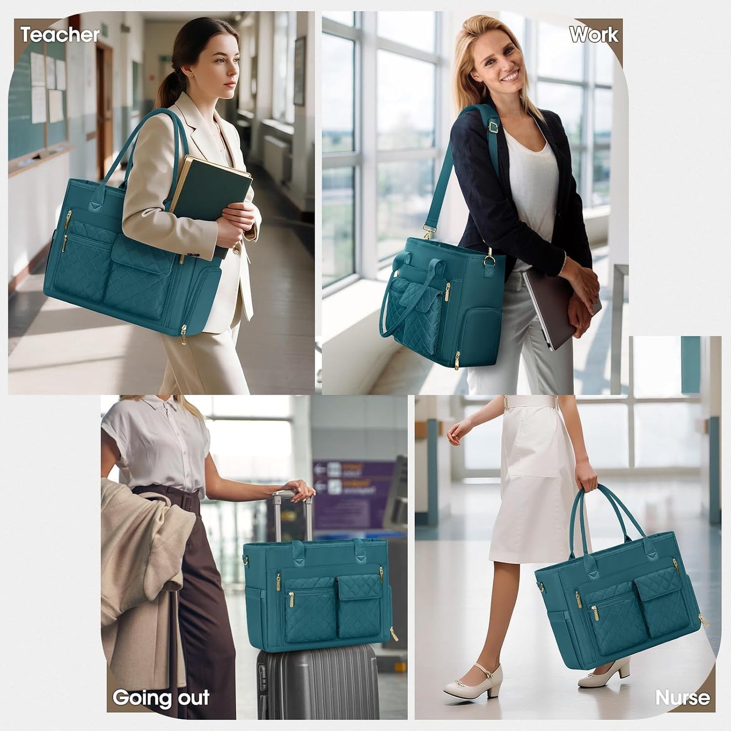15.6 inch RAINSMORE Teacher Tote Bag with Insulated Lunch Compartment Laptop Bag for Women Lightweight Work Bags Nurse