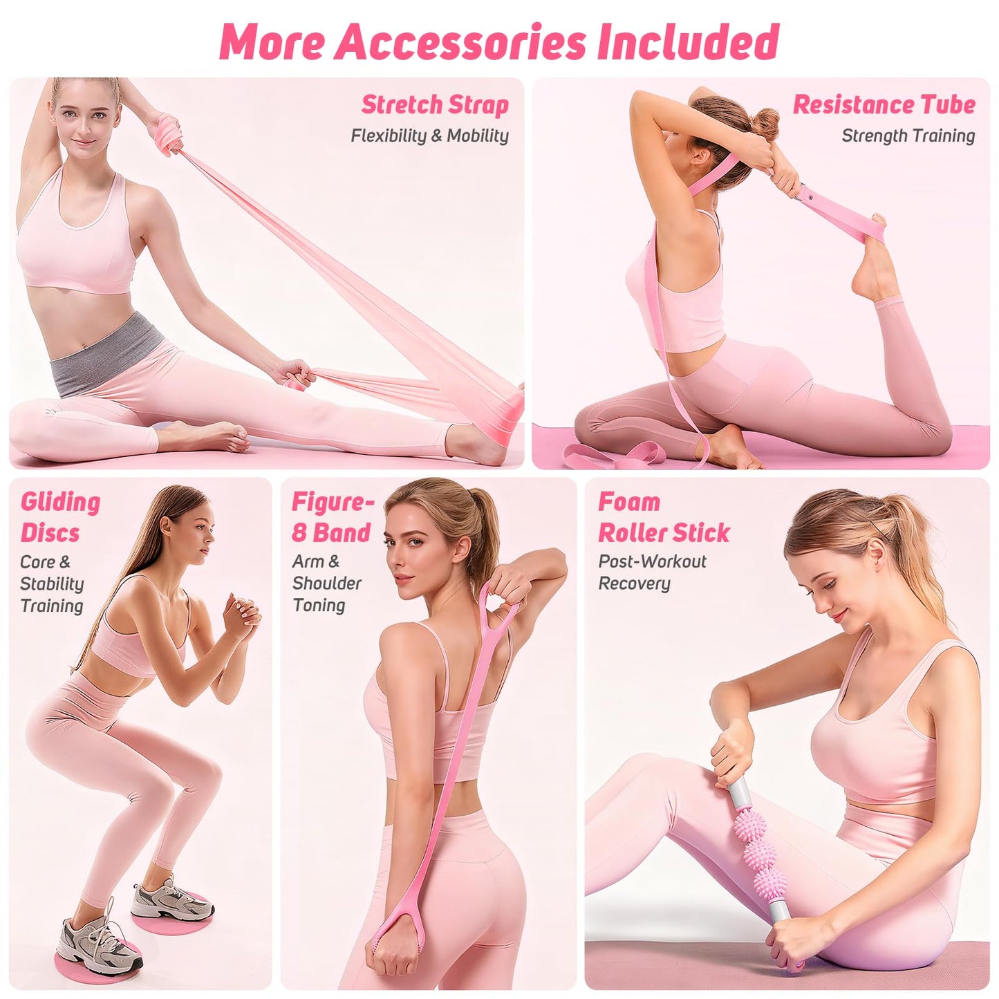 Home Pilates Kit for Women: Pilates Equipment Pilates Ring and Ball Set with Resistance Bands, Core Slider, Foam Roller, Pilates Essentials Kit for Beginner Home Workout, Compact Toning Fitness, Pink