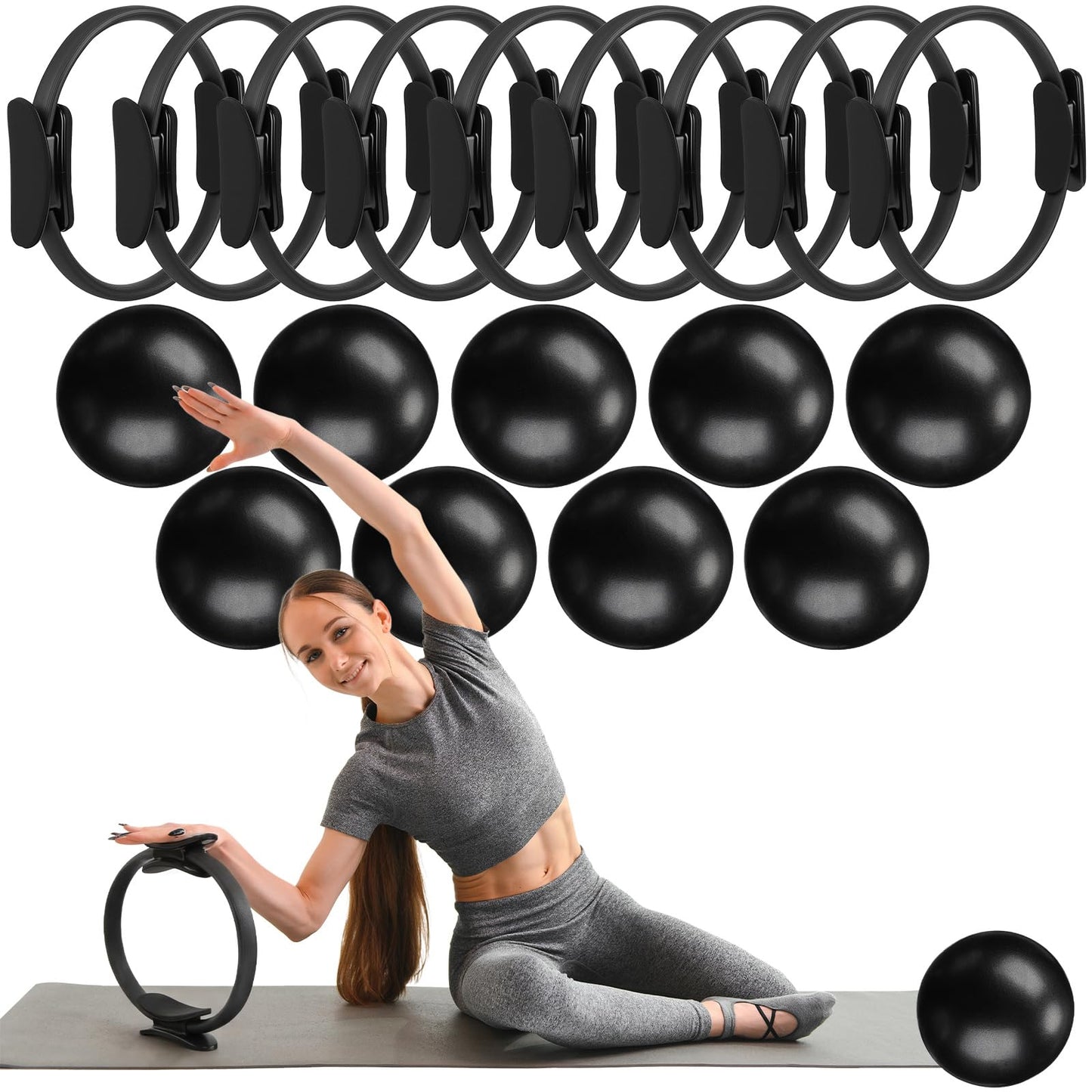 Silipull 18 Pcs Pilates Ring and Ball Set Pilates Equipment for Home Workout 11.8 Inch Magic Circle Rings with Padded Handles, Small Yoga Balls for Strength, Fitness, Toning and Flexibility, Black