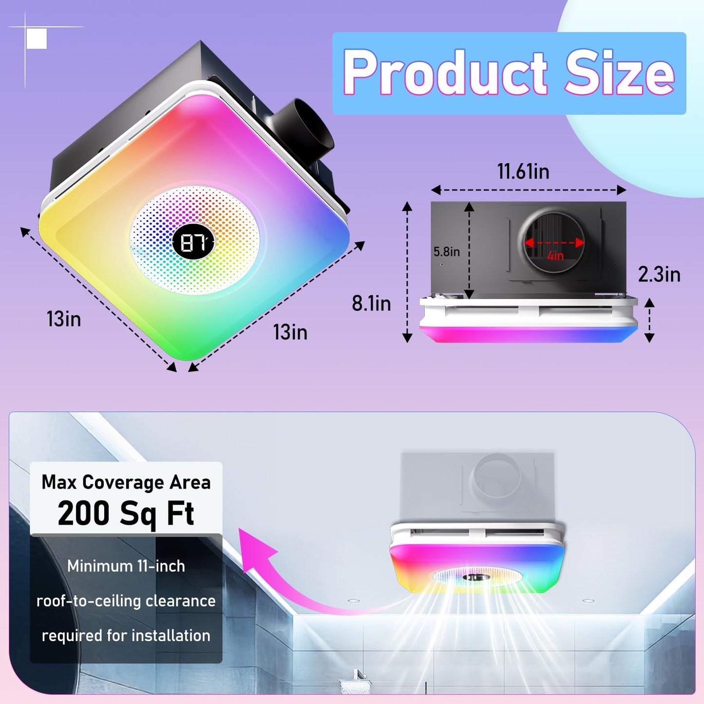 BSEED Bathroom Exhaust Fan with Bluetooth Speaker & LED Light, 230 CFM 1.5 Sone, 7-Color RGB & 3CCT Adjustable Light, Music Sync, Digital Display, Remote Control, Easy Install (White)
