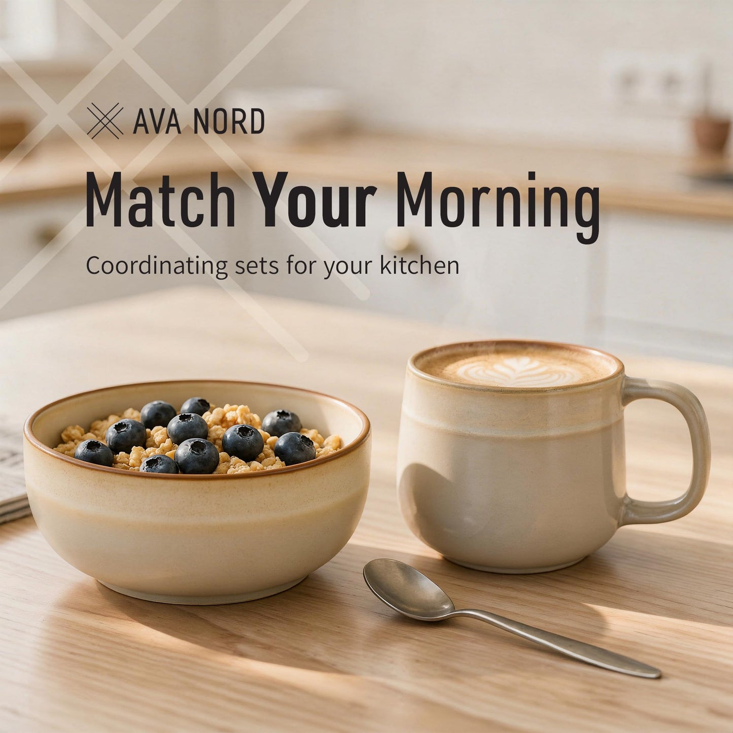 Ava Nord Stoneware Ceramic Cereal Bowls Set of 4, 21 oz | Lead-Free, Cadmium-Free | Microwave and Dishwasher Safe | For Soup, Salad, Rice, Dessert, Ice Cream | Nordic Design | Terracotta/Sage Ash